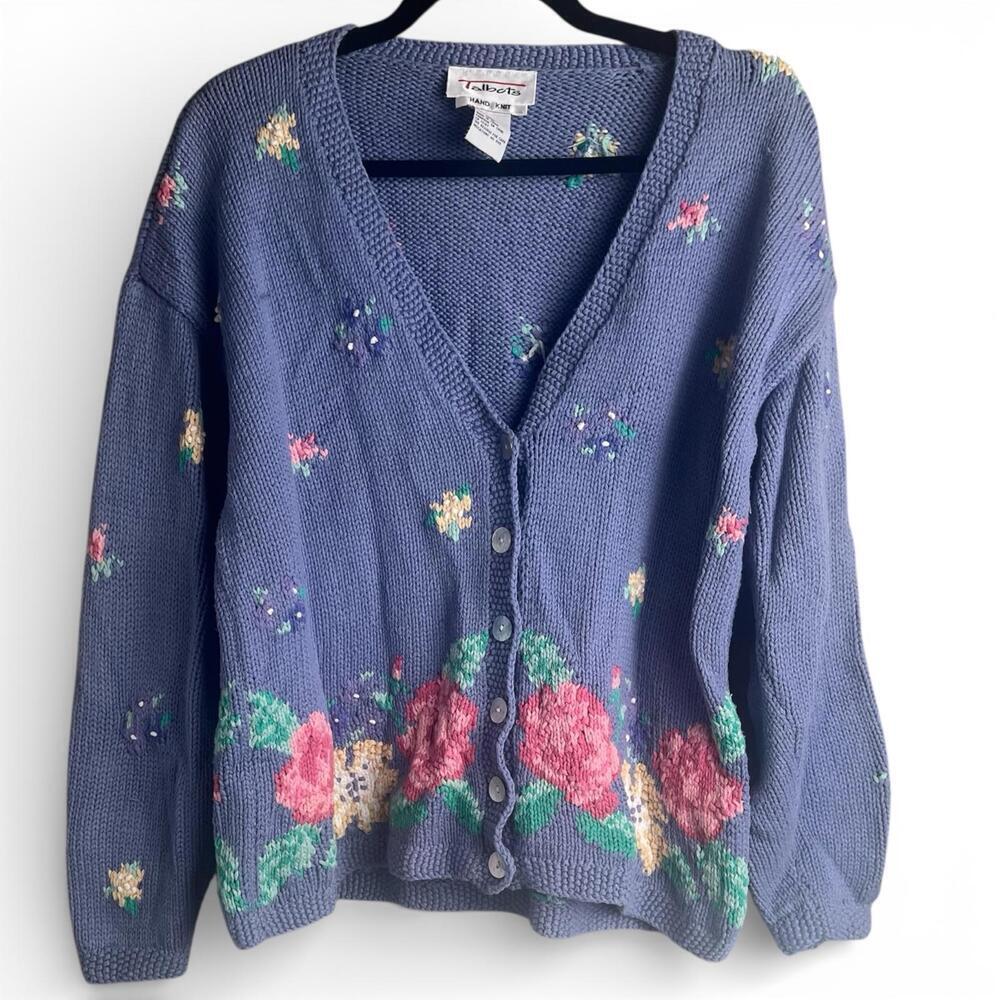 Vintage Talbots Hand Knit Floral Cotton Cardigan Sweater
